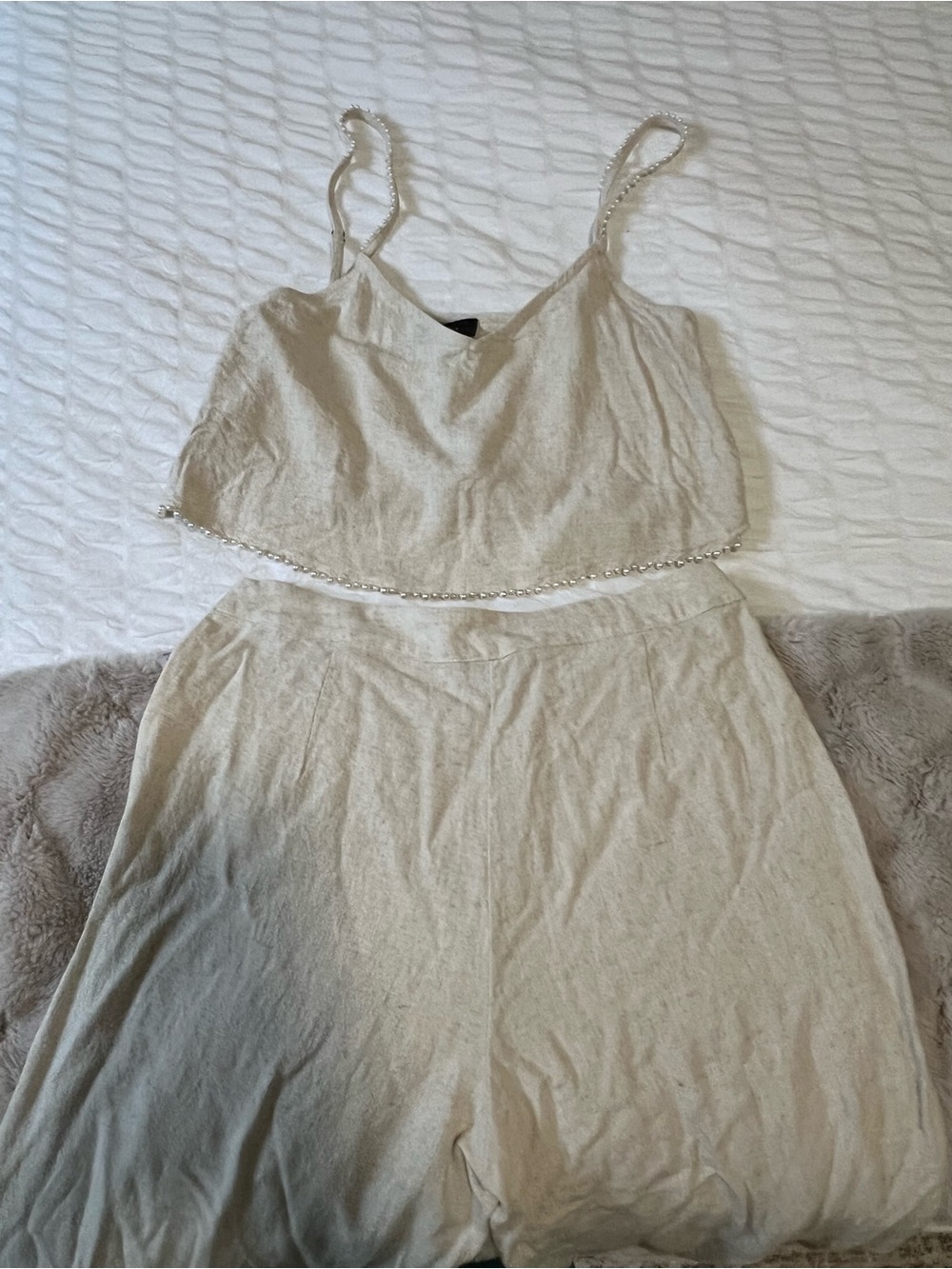 Beaded Trim Ivory Camisole & Pants Set